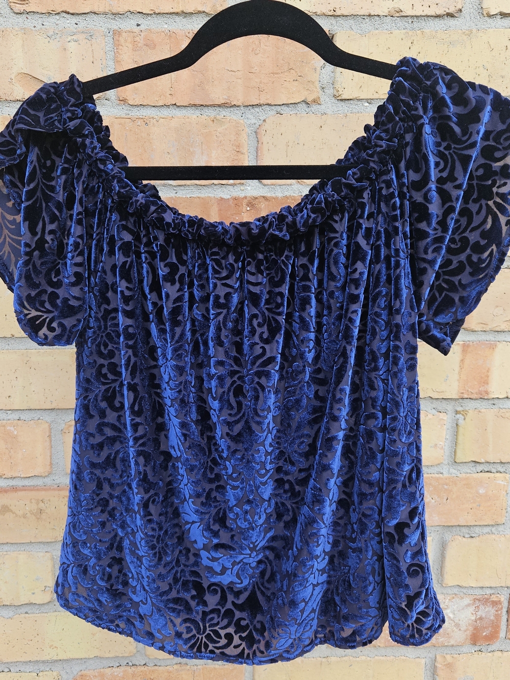 Blue Velvet Burnout Off-Shoulder Women's Top